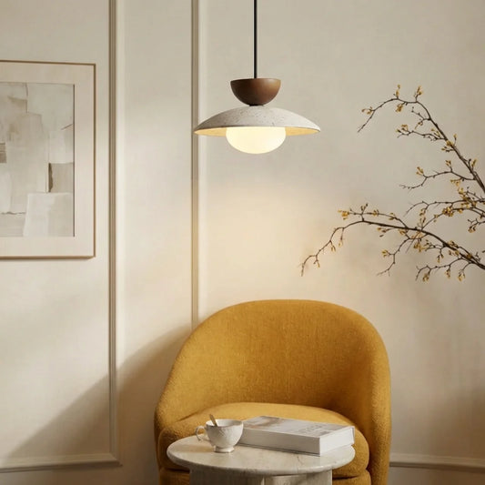 Travertine and Glass Pendant Light with Wood Accent