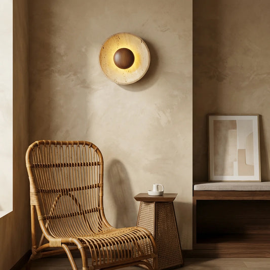Travertine and Wood Disc Wall Light with Integrated LED