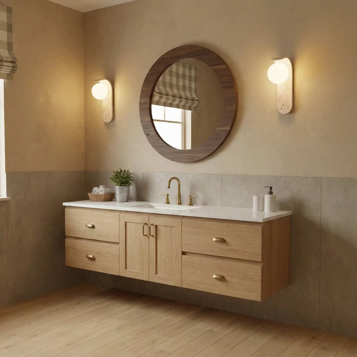 Travertine and Wood Wall Light with Glass Shade