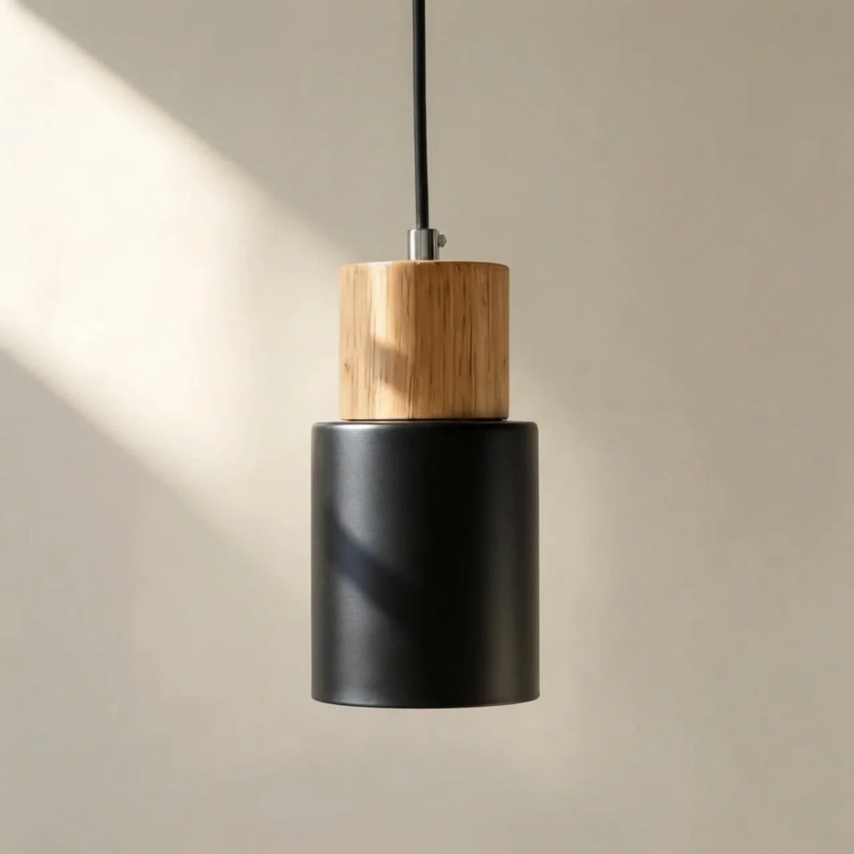 Pendant Light Cylinder Aluminium with Wood Detail