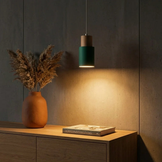 Pendant Light Cylinder Aluminium with Wood Detail