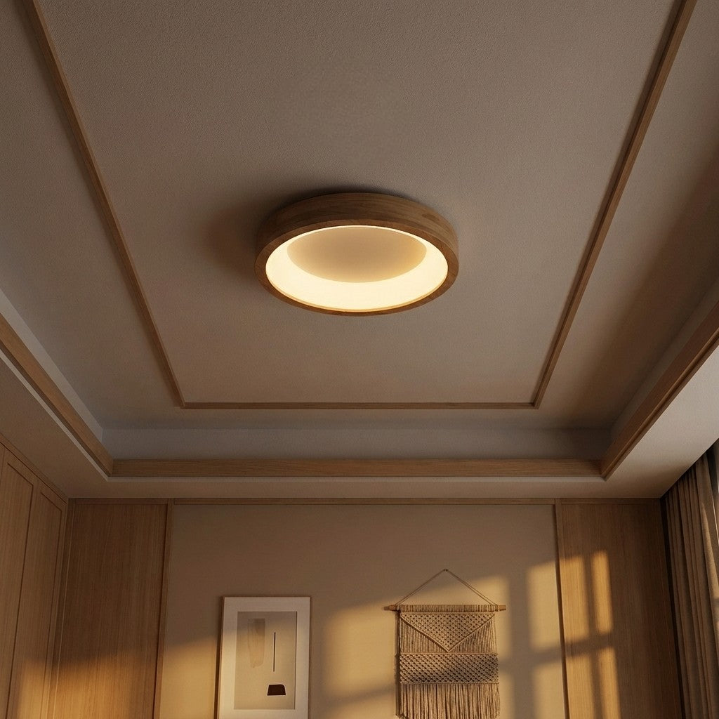 Flush Mount Ceiling Light Round LED with Natural Wood