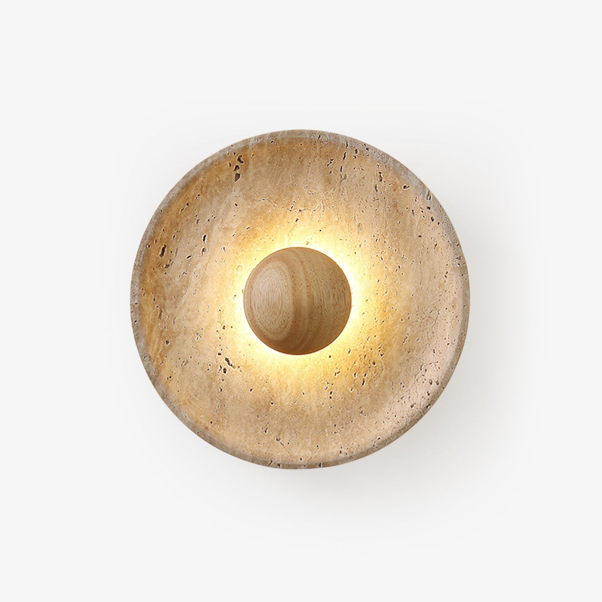 Aveny | Wall Lamp with Travertine Disc & Wooden Sphere | Artistic Wall Lighting for Modern Interiors 1