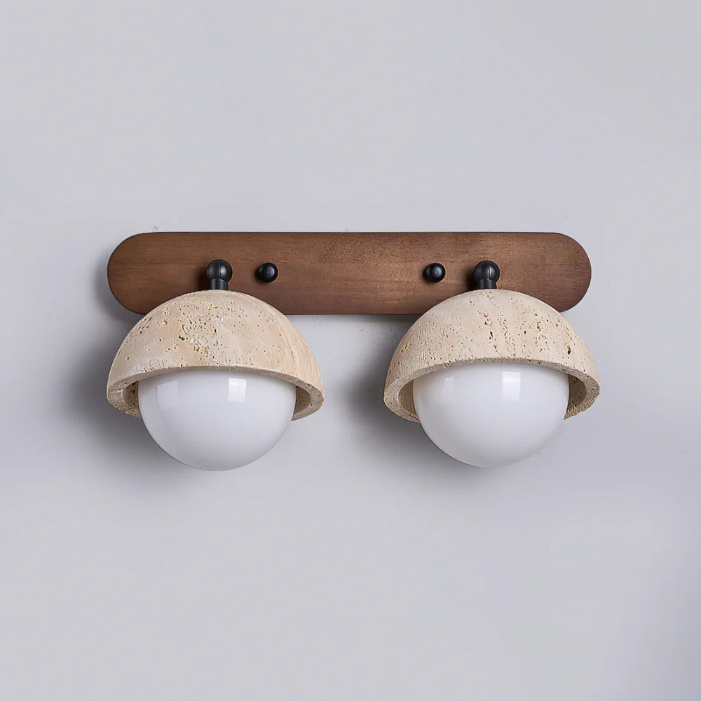 Travertine and Wood Wall Light with Glass Shades