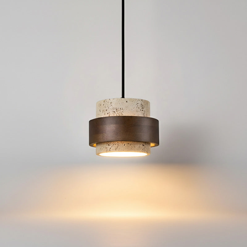 Travertine Pendant Light with Walnut Wood Accent