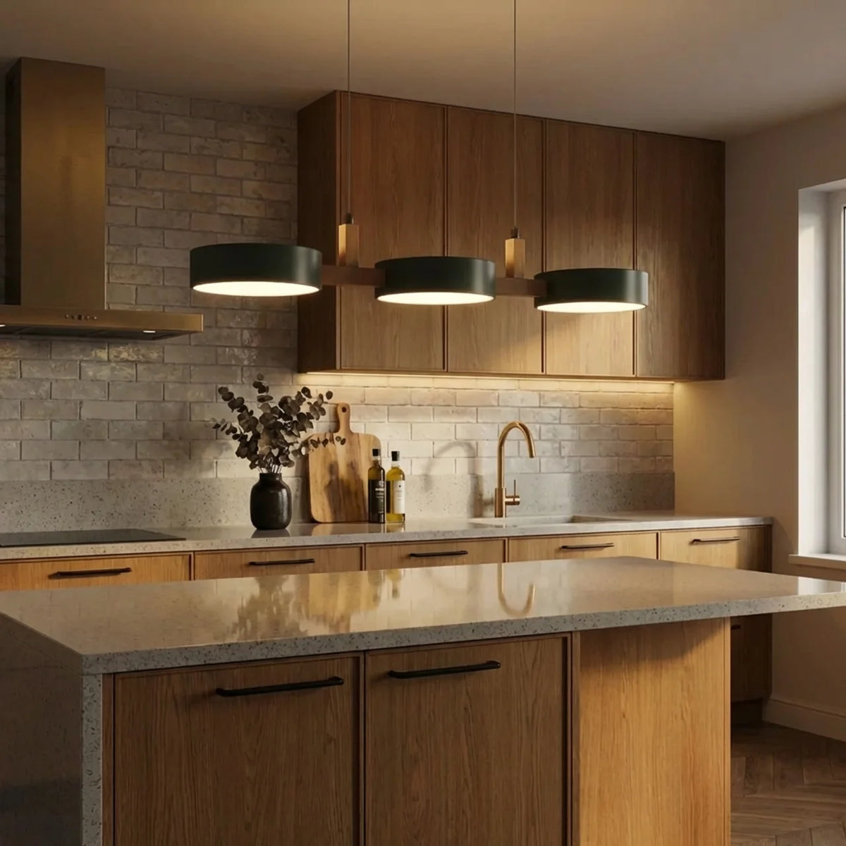 Linear Pendant Light Metal Drum Shades with Wood Beam