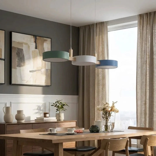Linear Pendant Light Metal Drum Shades with Wood Beam