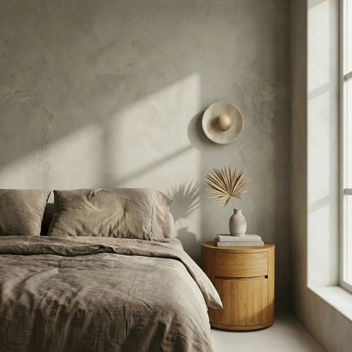 Travertine and Wood Disc Wall Light with Integrated LED