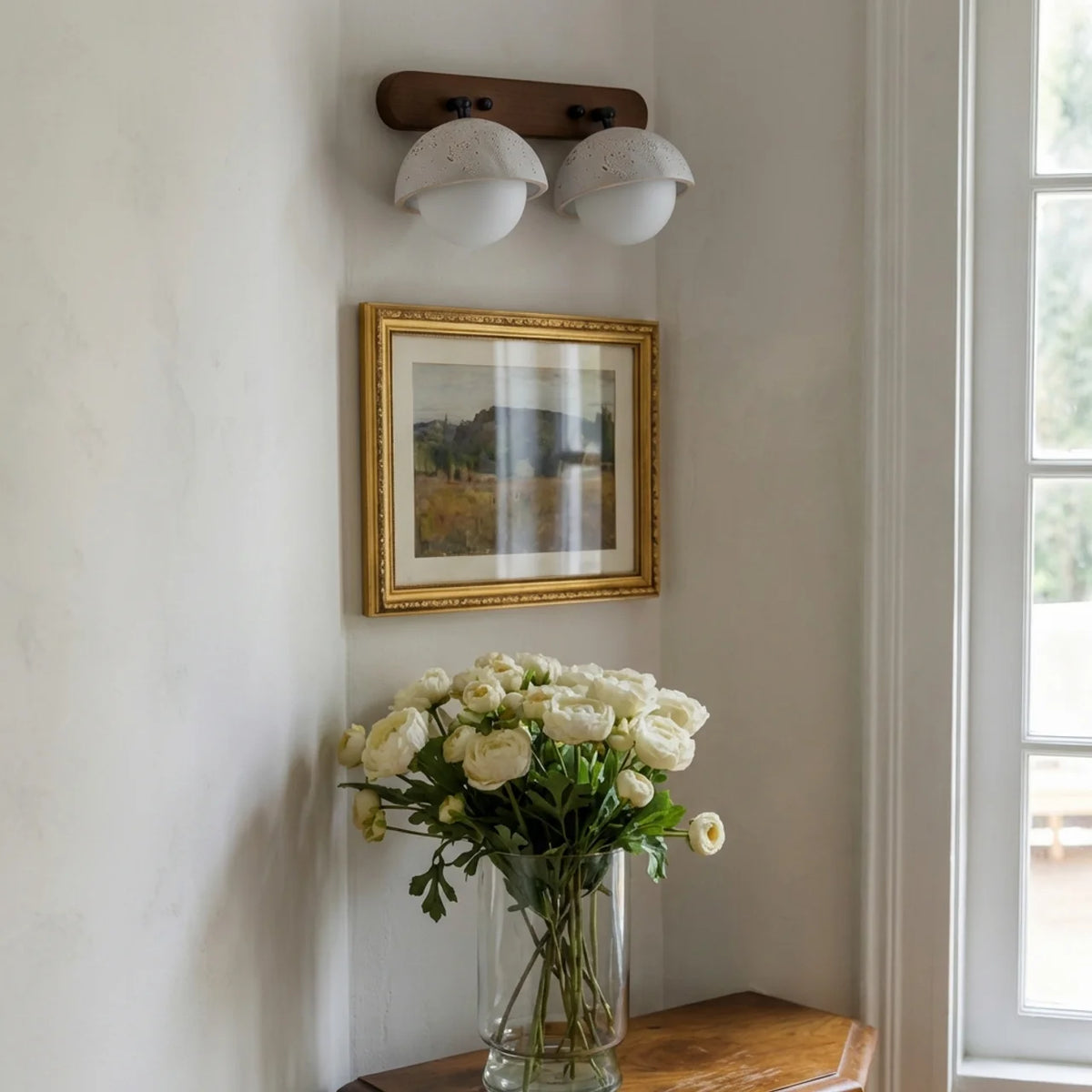 Travertine and Wood Wall Light with Glass Shades