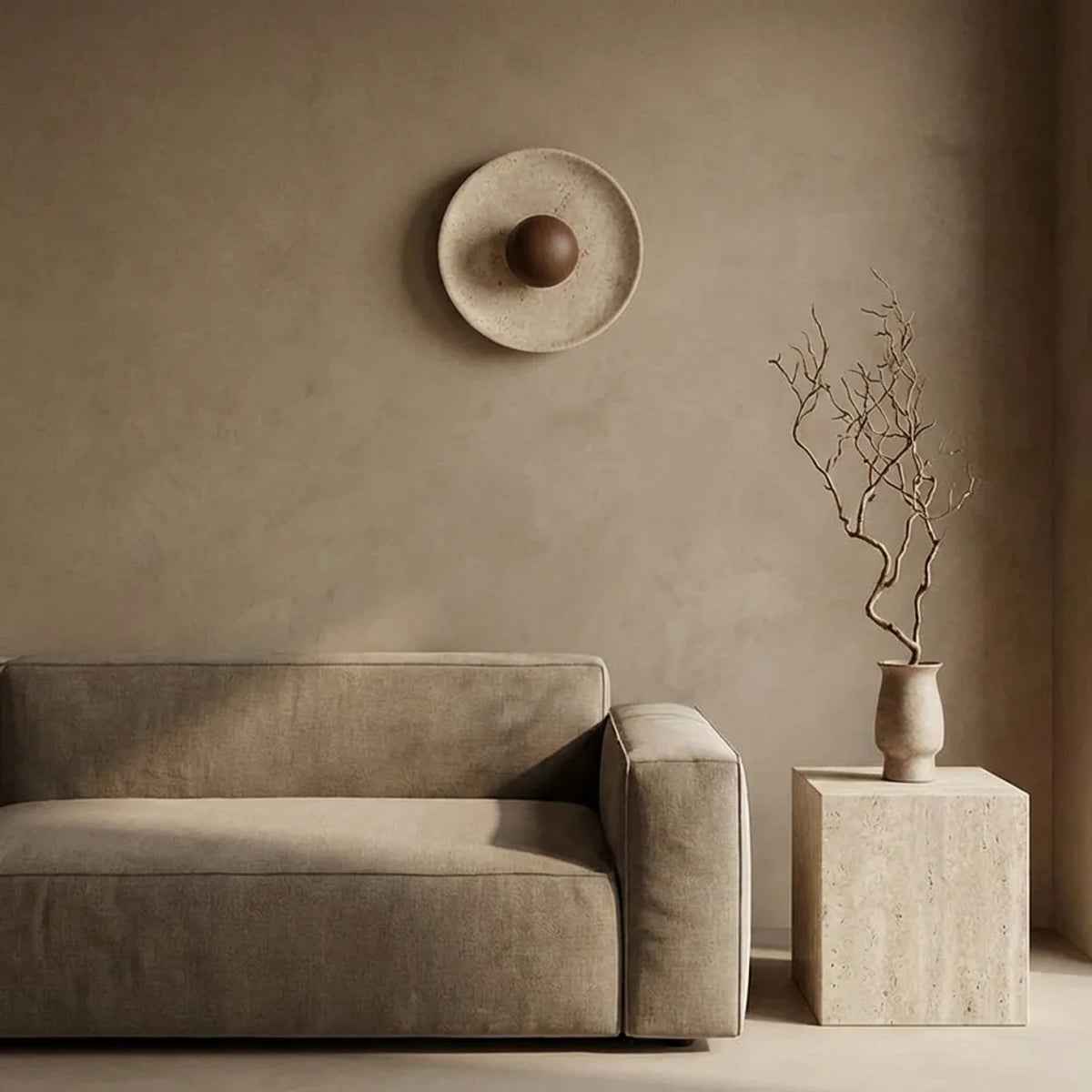 Travertine and Wood Disc Wall Light with Integrated LED