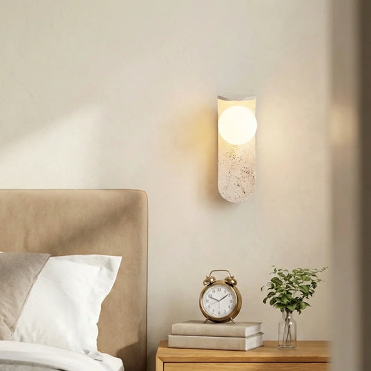 Travertine and Wood Wall Light with Glass Shade