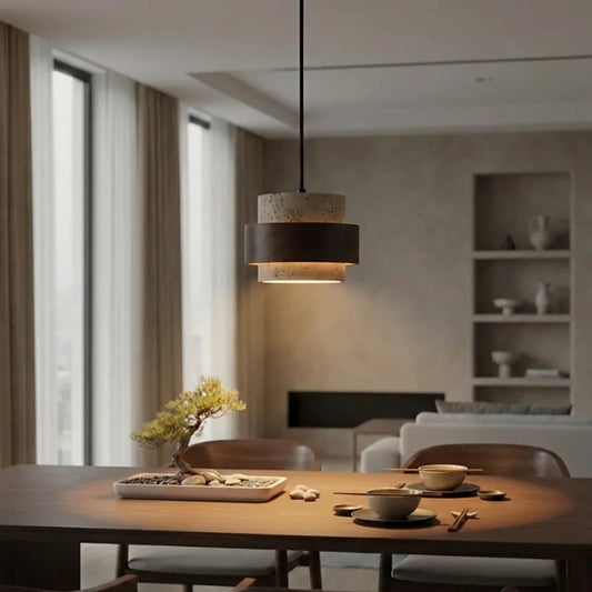 Travertine Pendant Light with Walnut Wood Accent