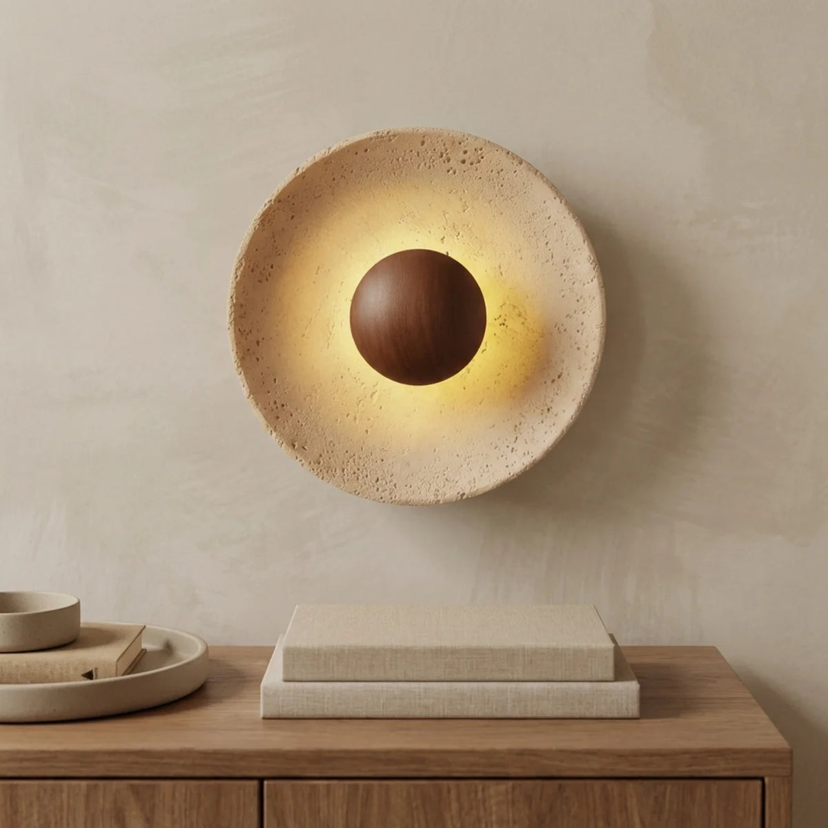 Travertine and Wood Disc Wall Light with Integrated LED