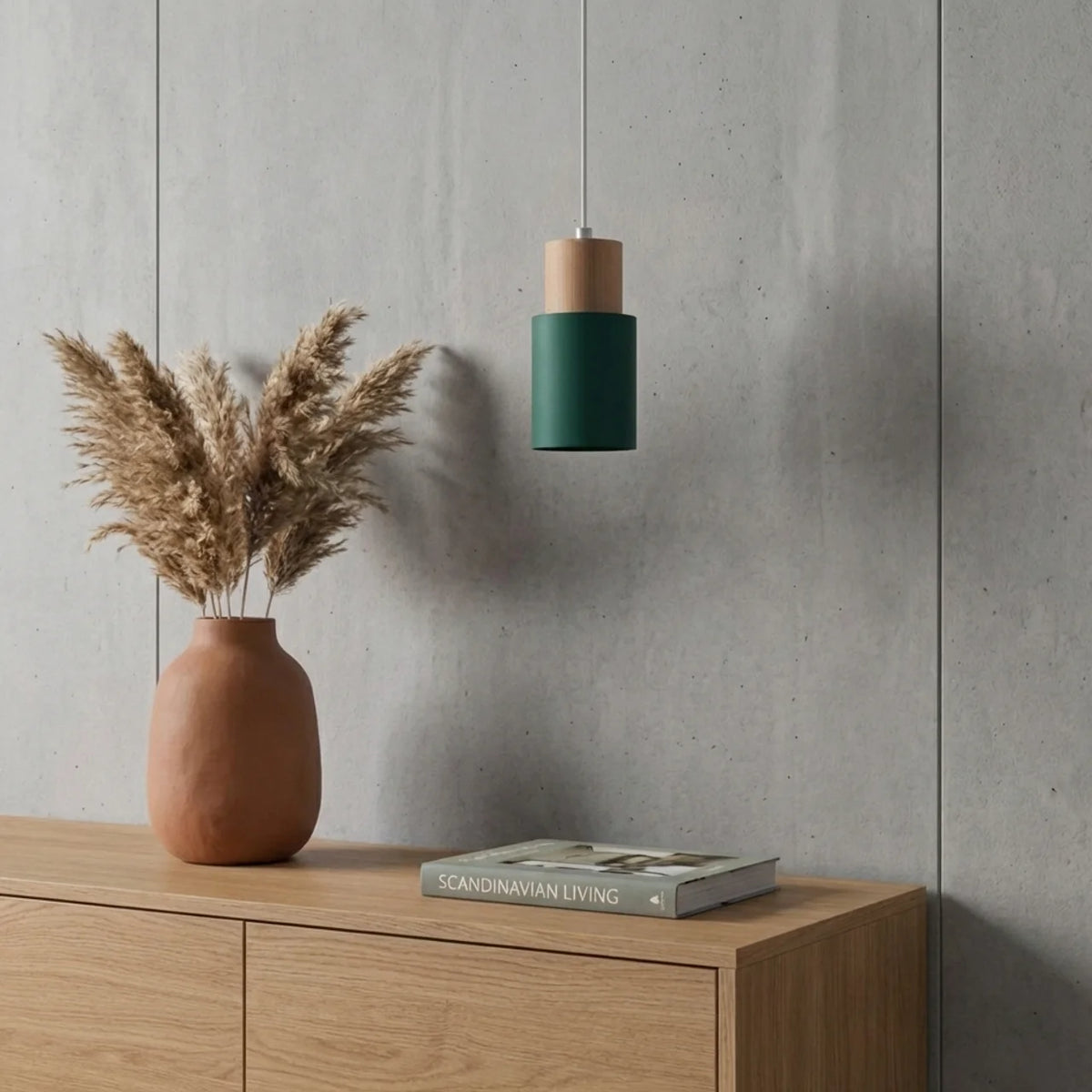 Pendant Light Cylinder Aluminium with Wood Detail