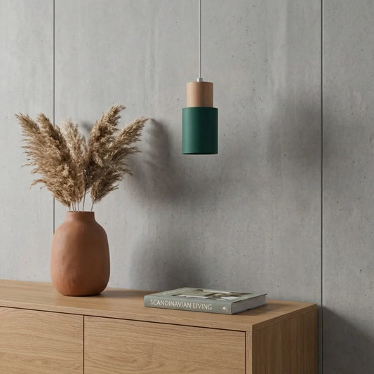 Pendant Light Cylinder Aluminium with Wood Detail