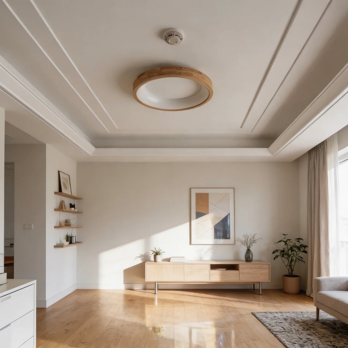 Flush Mount Ceiling Light Round LED with Natural Wood