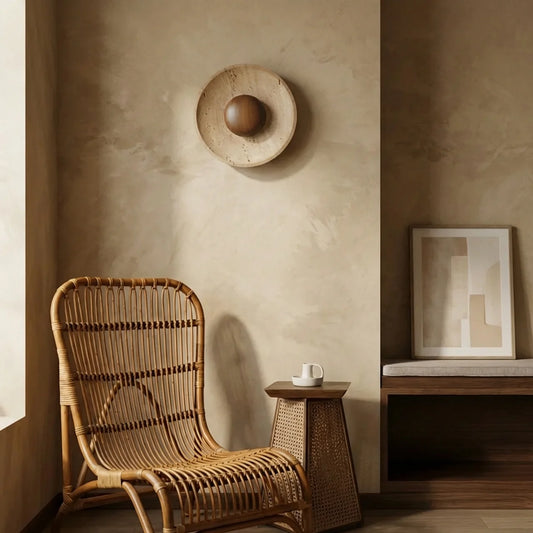 Travertine and Wood Disc Wall Light with Integrated LED