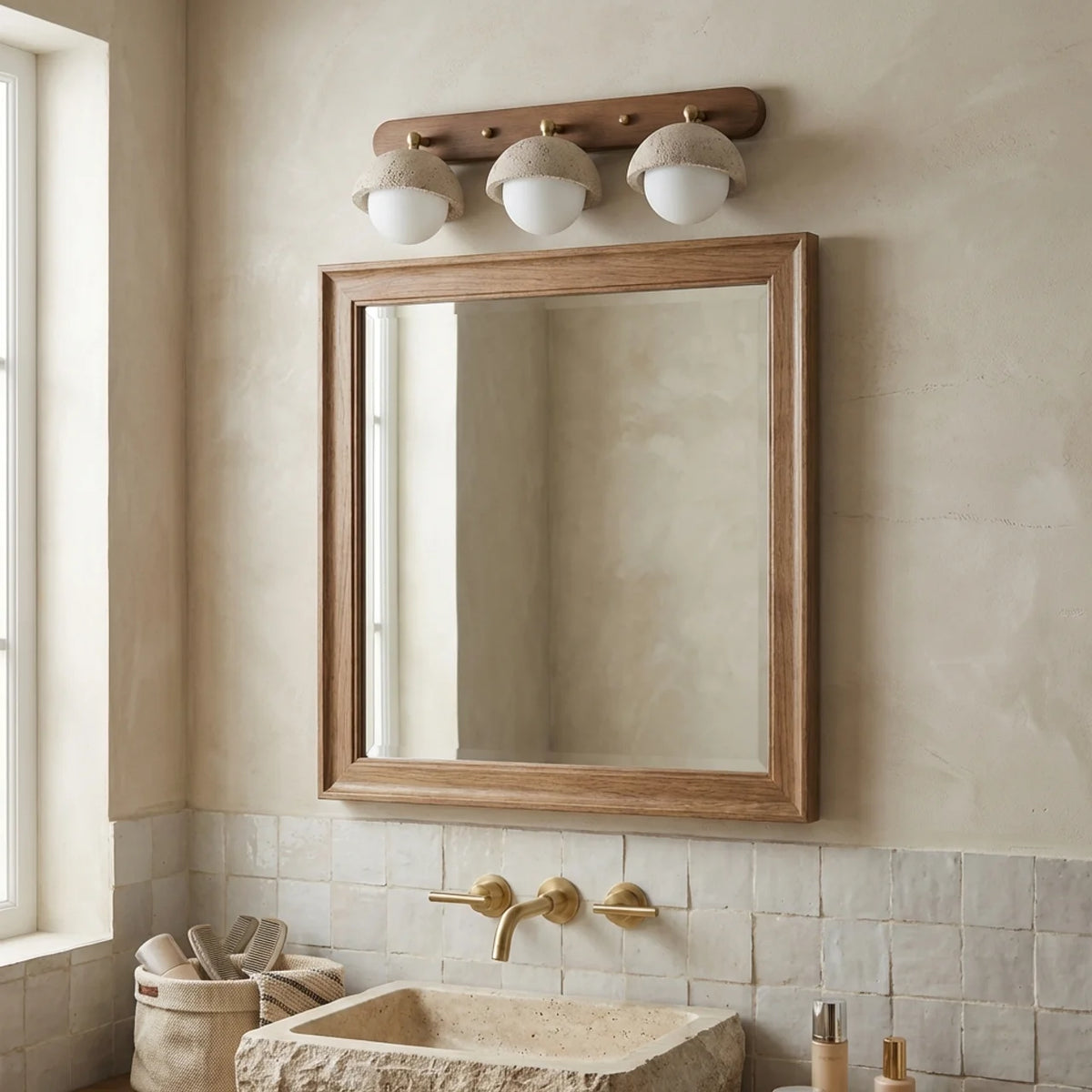 Travertine and Wood Wall Light with Glass Shades