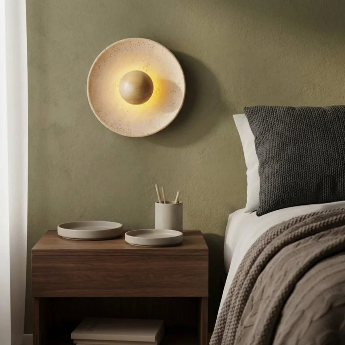 Travertine and Wood Disc Wall Light with Integrated LED