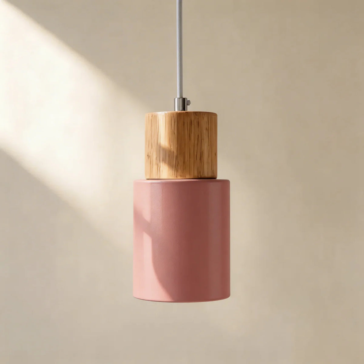 Pendant Light Cylinder Aluminium with Wood Detail