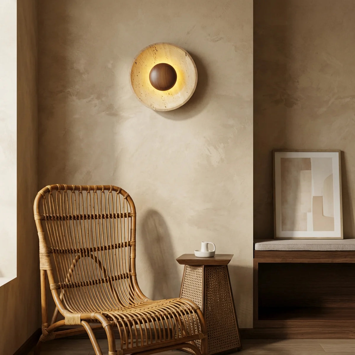 Travertine and Wood Disc Wall Light with Integrated LED