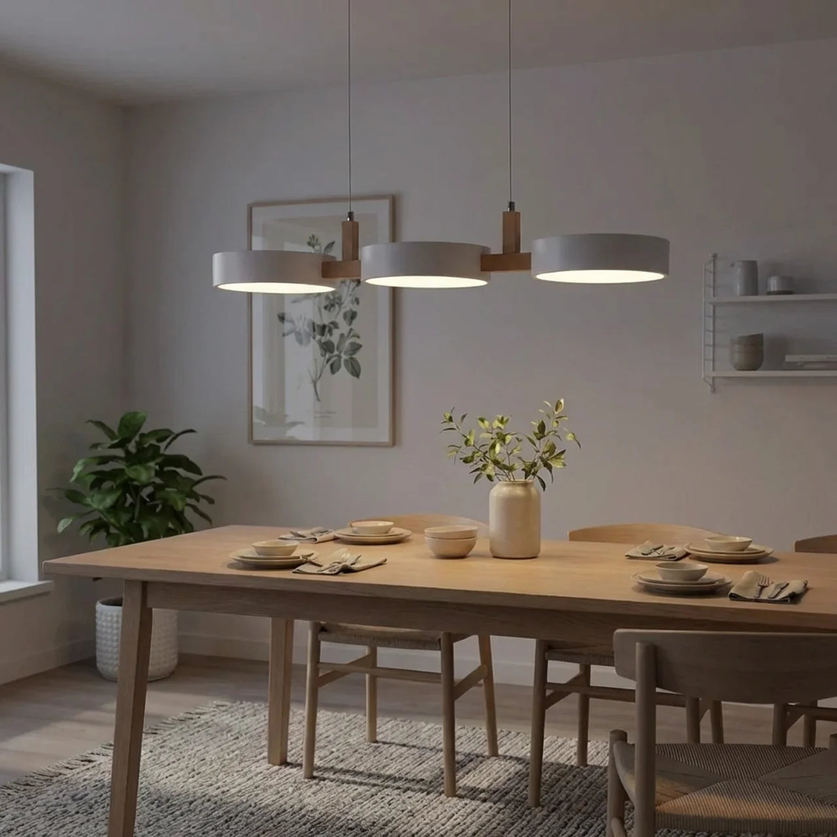 Linear Pendant Light Metal Drum Shades with Wood Beam