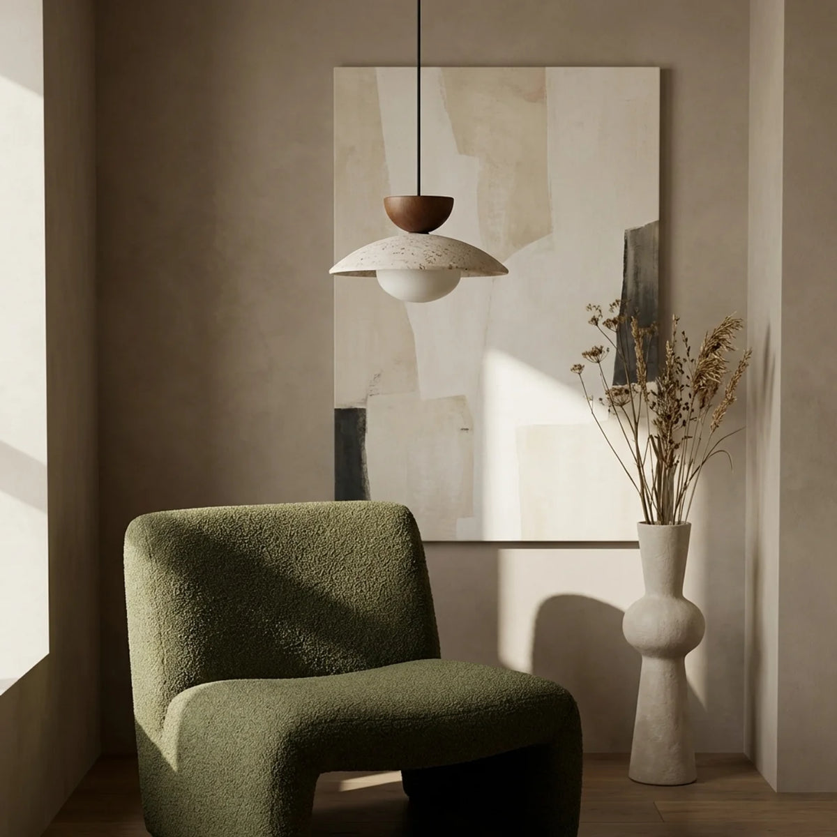 Travertine and Glass Pendant Light with Wood Accent