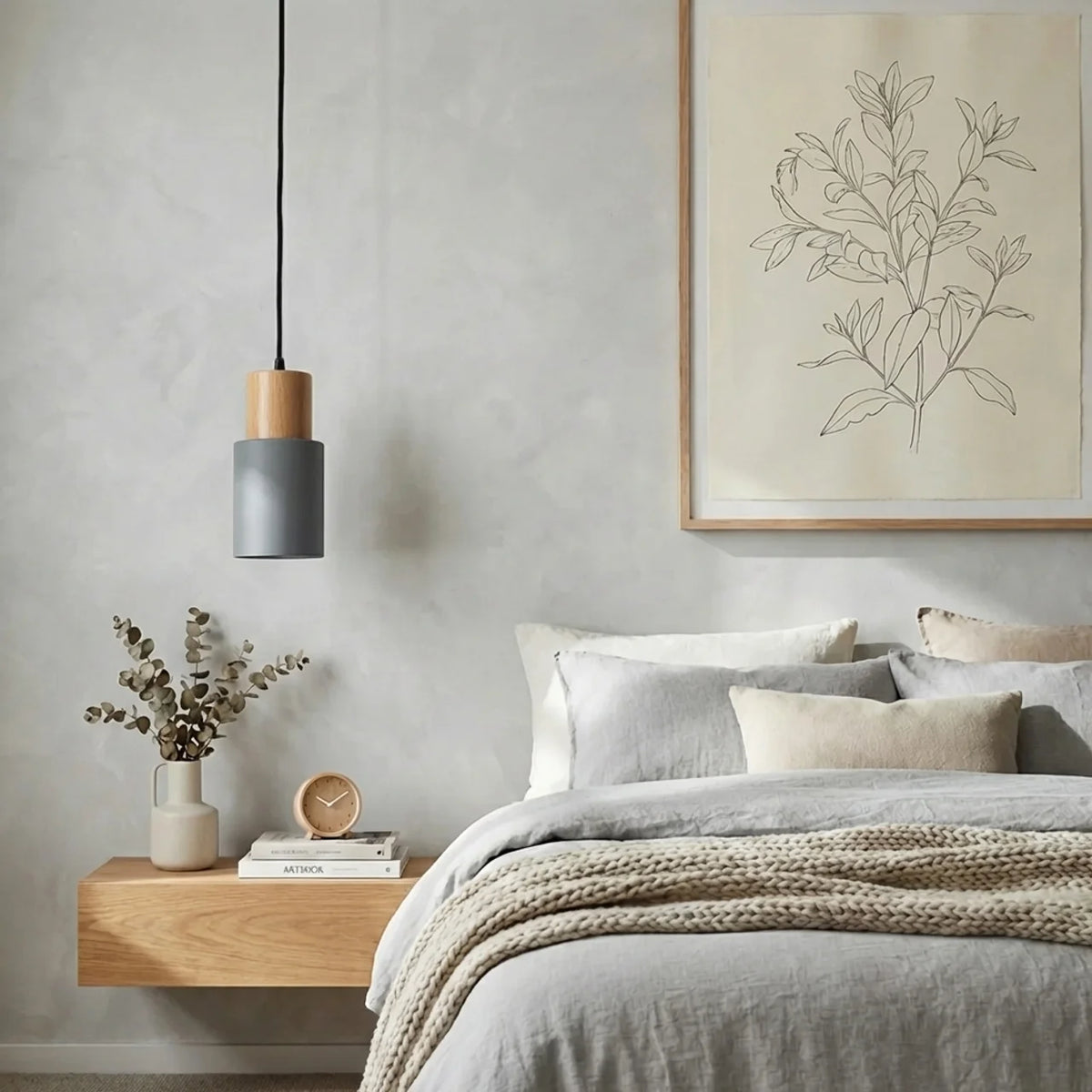 Pendant Light Cylinder Aluminium with Wood Detail