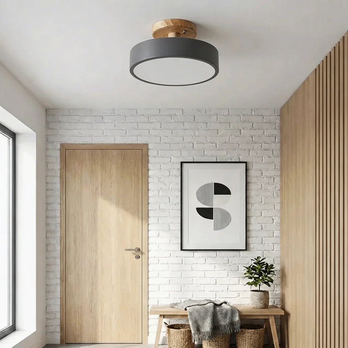 Semi Flush Mount Ceiling Light Wood Round LED Design