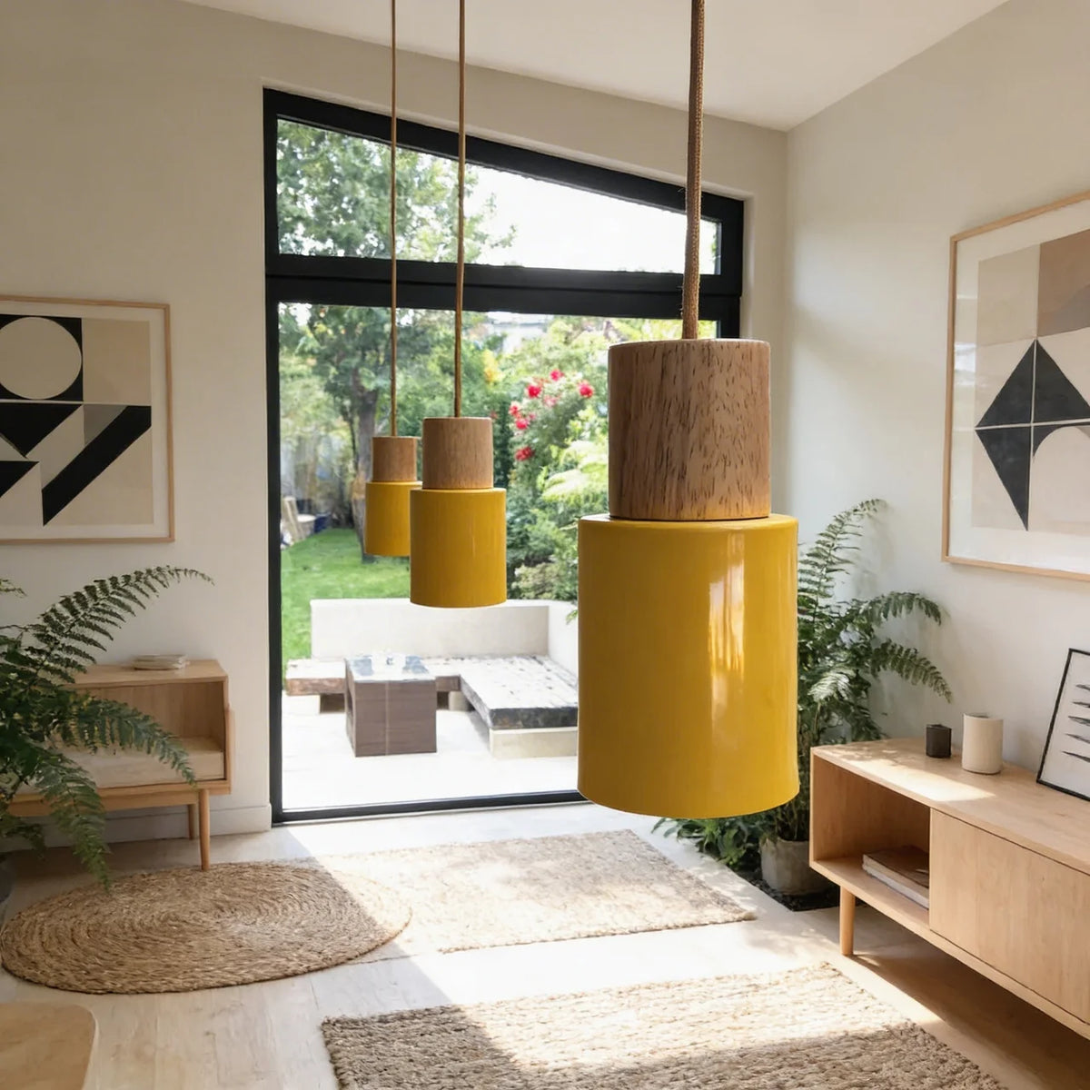 Pendant Light Cylinder Aluminium with Wood Detail