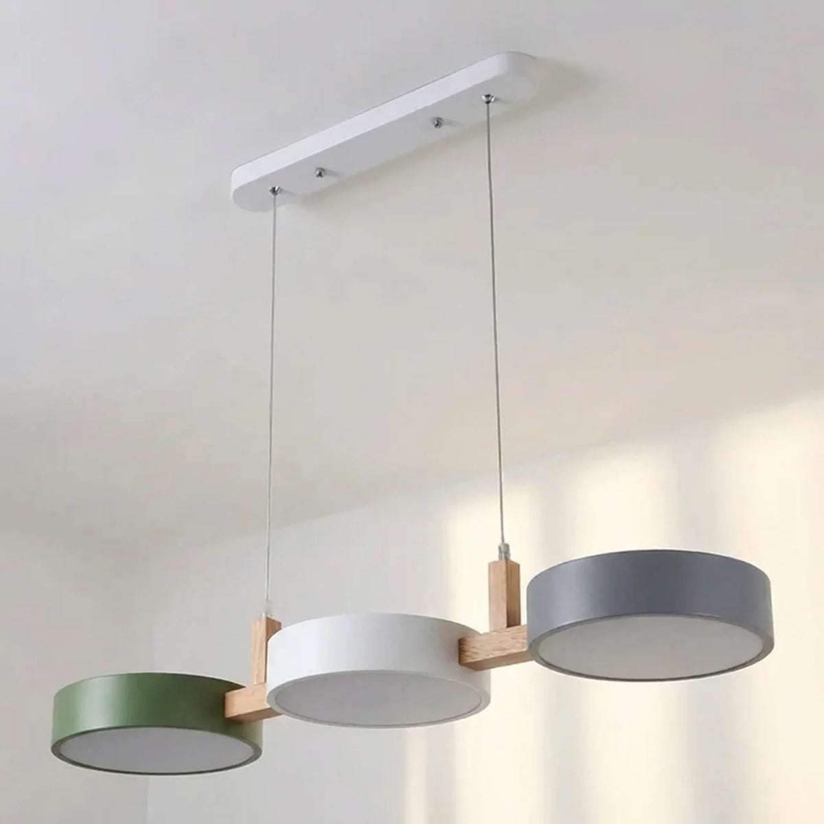 Linear Pendant Light Metal Drum Shades with Wood Beam