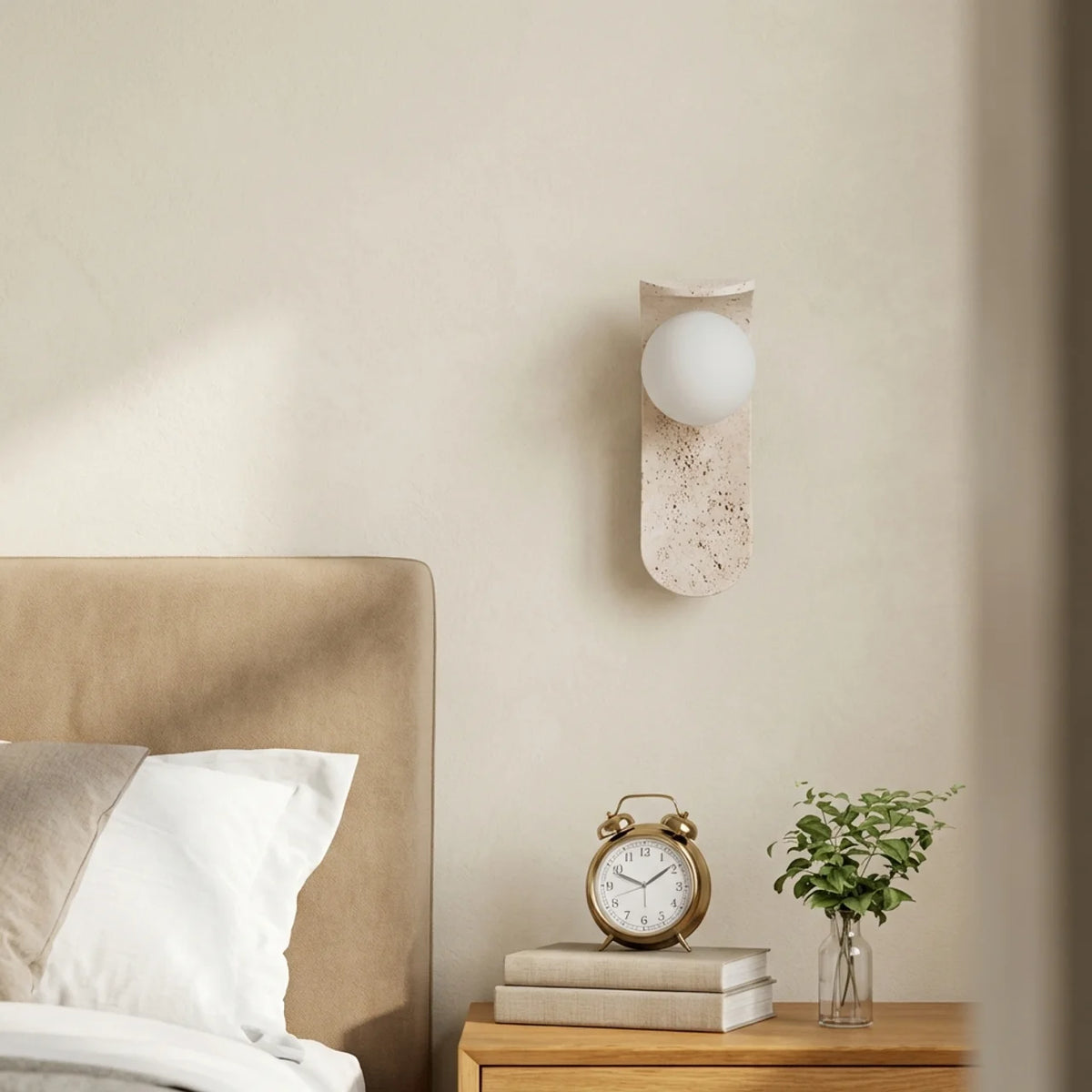 Travertine and Wood Wall Light with Glass Shade