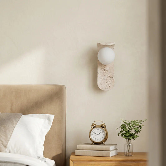 Travertine and Wood Wall Light with Glass Shade