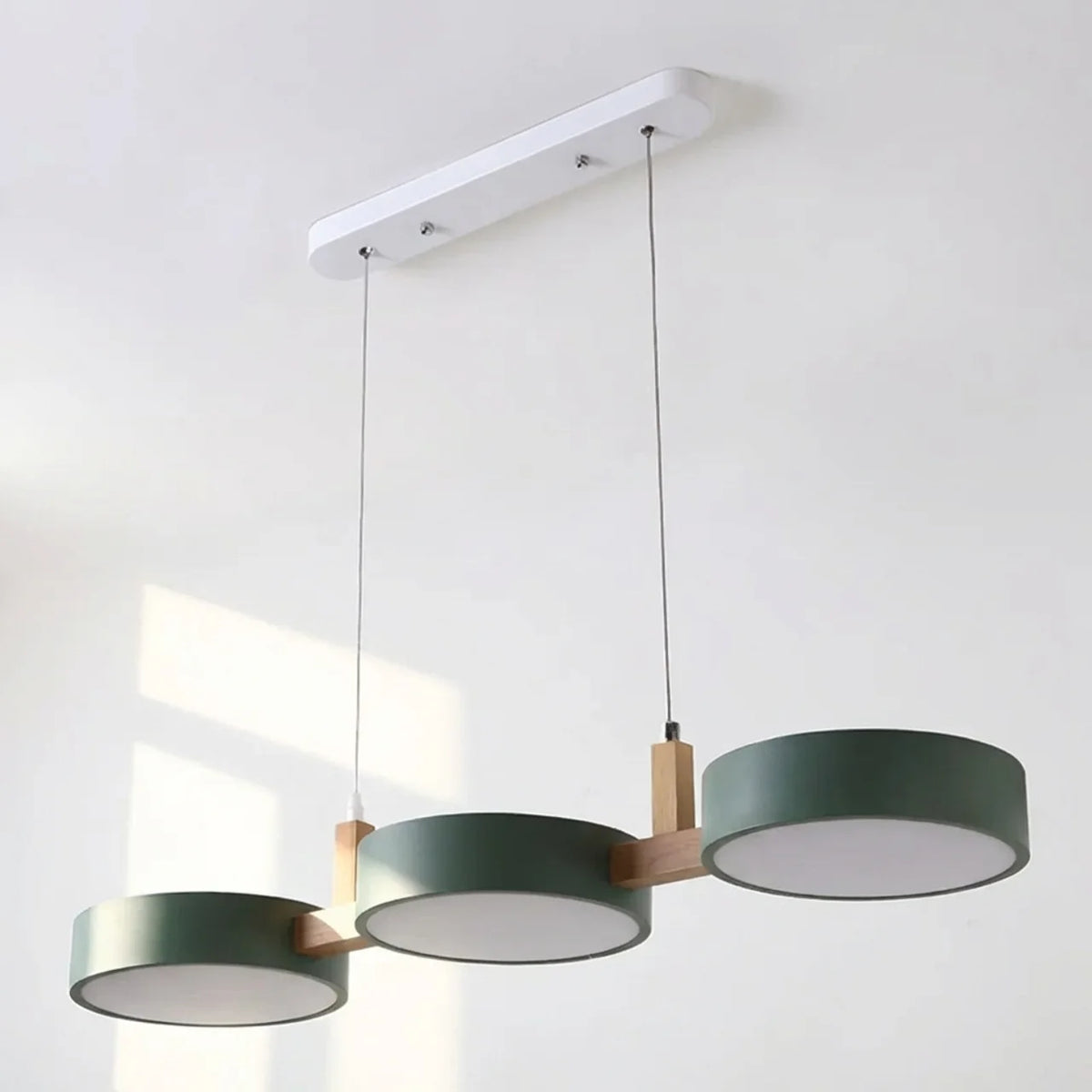 Linear Pendant Light Metal Drum Shades with Wood Beam