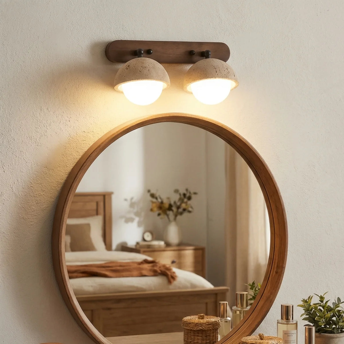Travertine and Wood Wall Light with Glass Shades