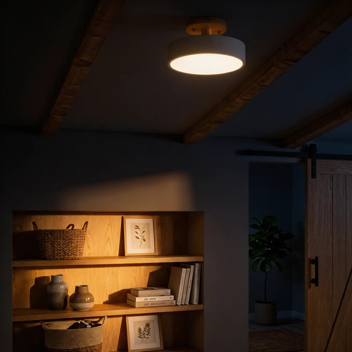 Semi Flush Mount Ceiling Light Wood Round LED Design