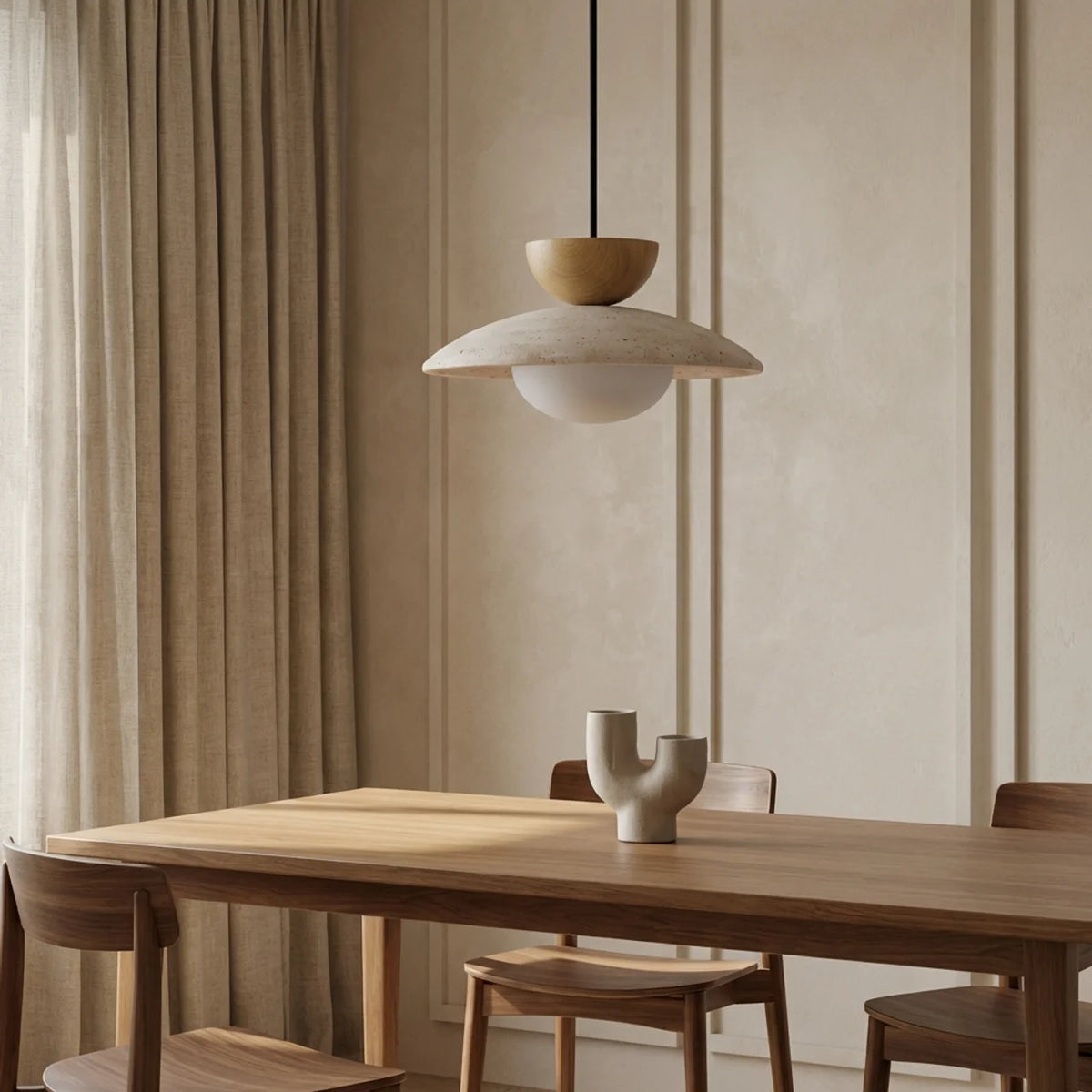 Travertine and Glass Pendant Light with Wood Accent