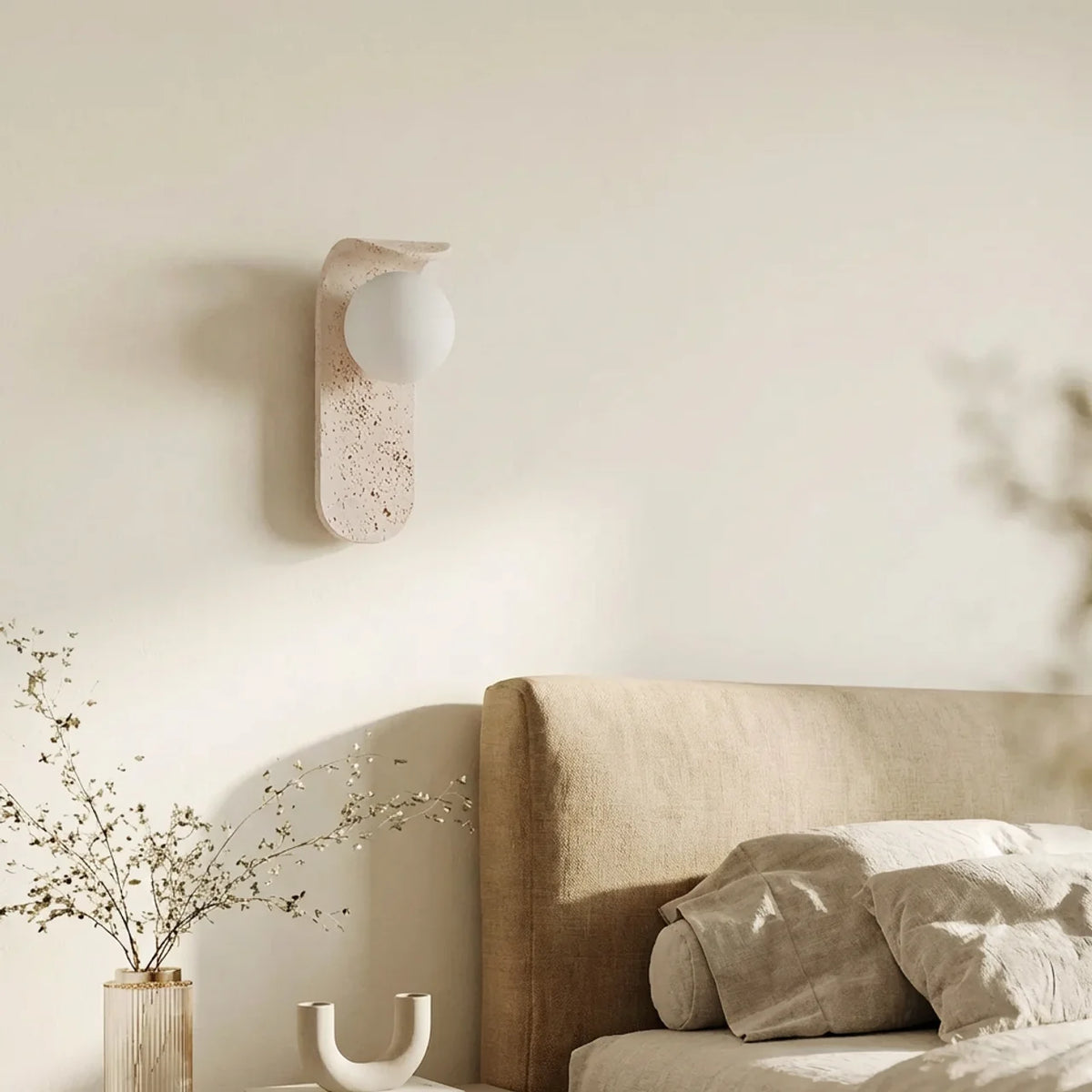Travertine and Wood Wall Light with Glass Shade