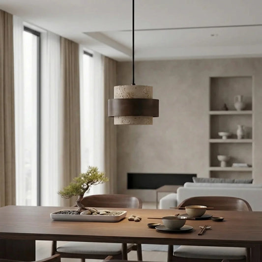 Travertine Pendant Light with Walnut Wood Accent