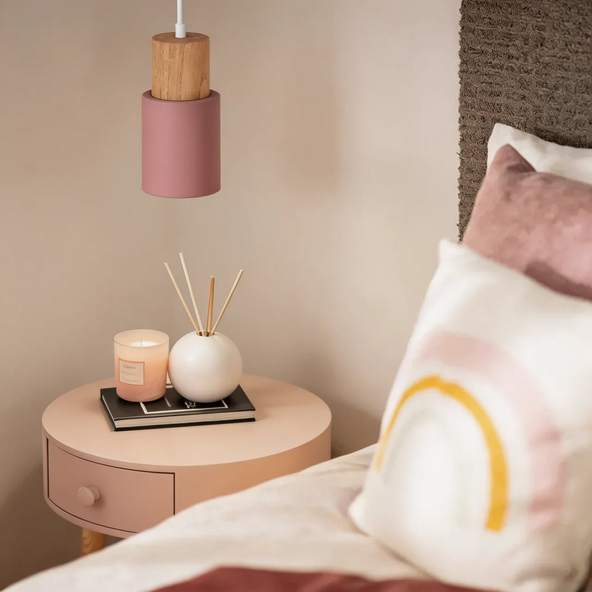 Pendant Light Cylinder Aluminium with Wood Detail