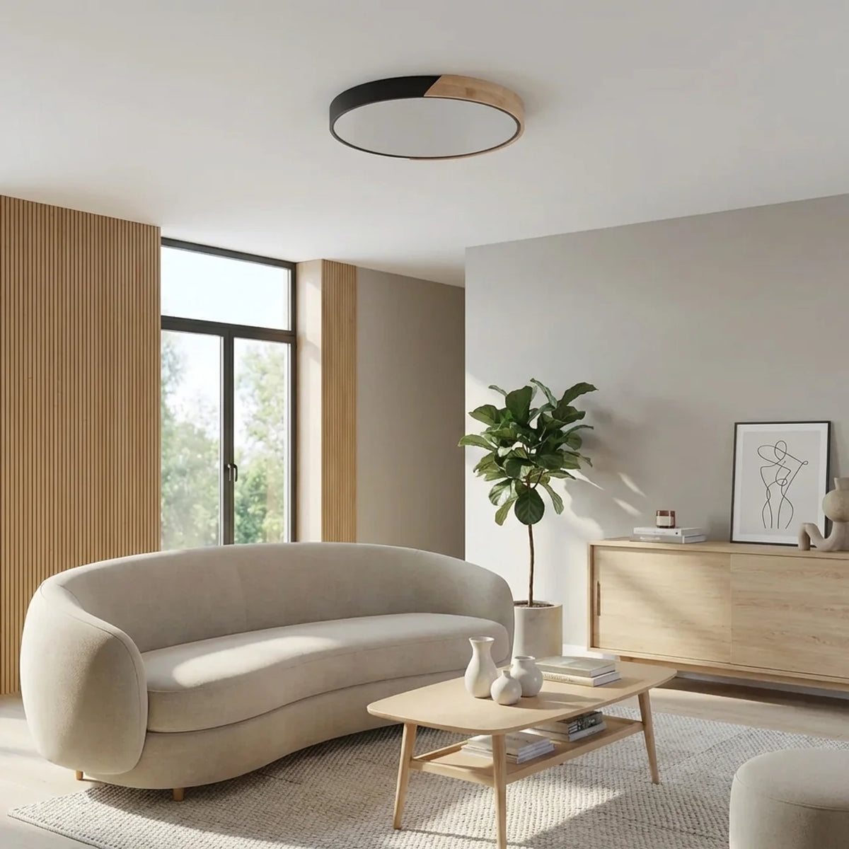 Wood Flush Mount Ceiling Light Round LED Design