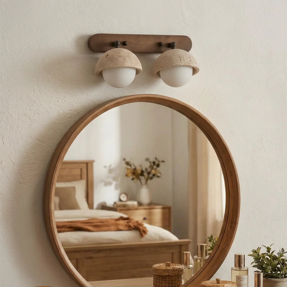 Travertine and Wood Wall Light with Glass Shades