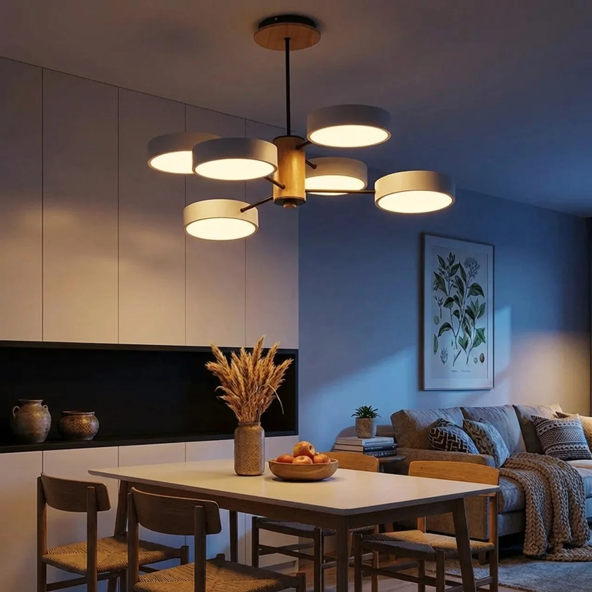 Multi-Arm LED Ceiling Light with Metal and Wood Frame