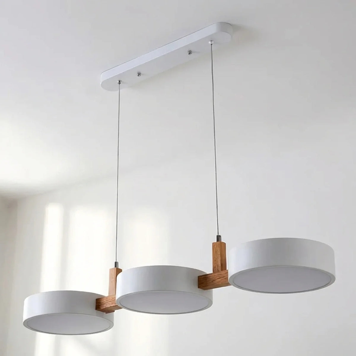 Linear Pendant Light Metal Drum Shades with Wood Beam