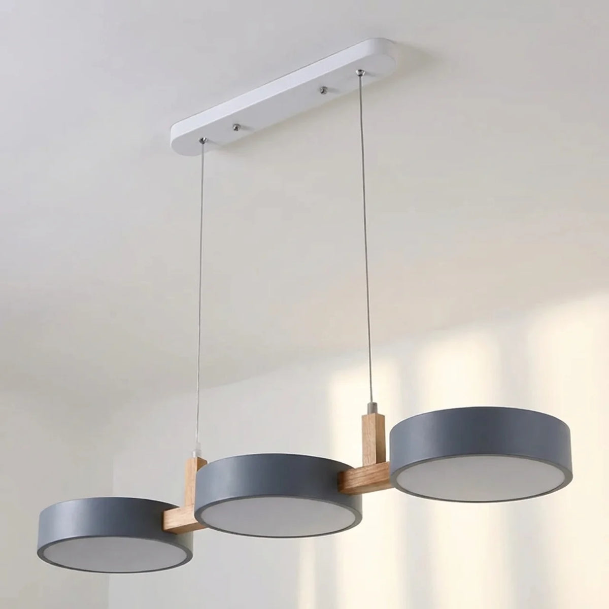 Linear Pendant Light Metal Drum Shades with Wood Beam