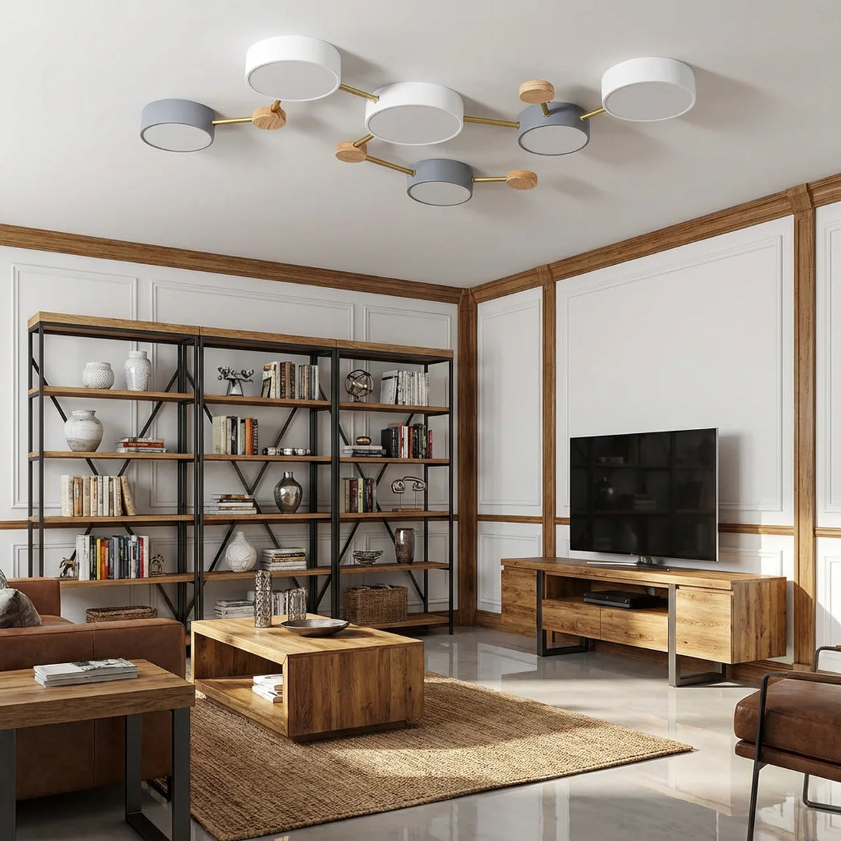 Flush Mount Ceiling Light Solid Wood and Iron with Integrated LED