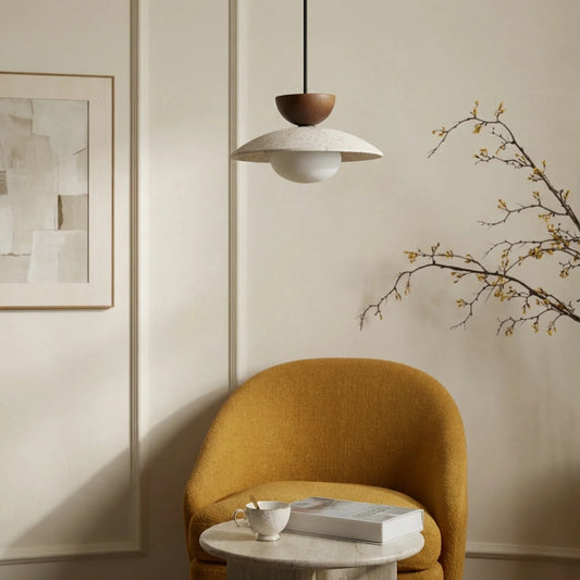 Travertine and Glass Pendant Light with Wood Accent