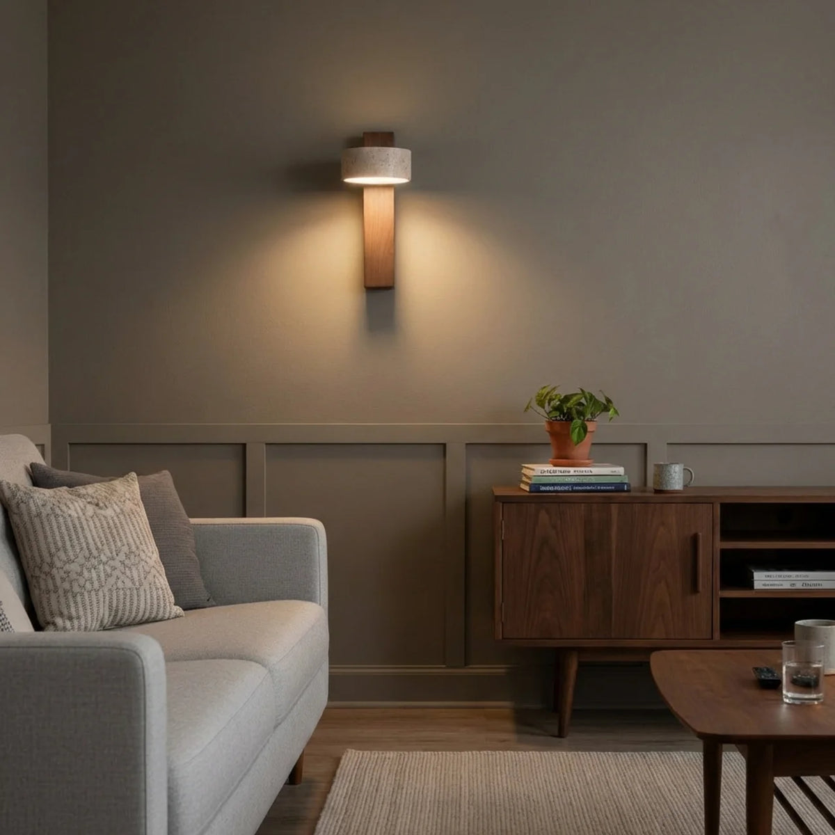 Travertine and Wood Wall Light with Integrated LED