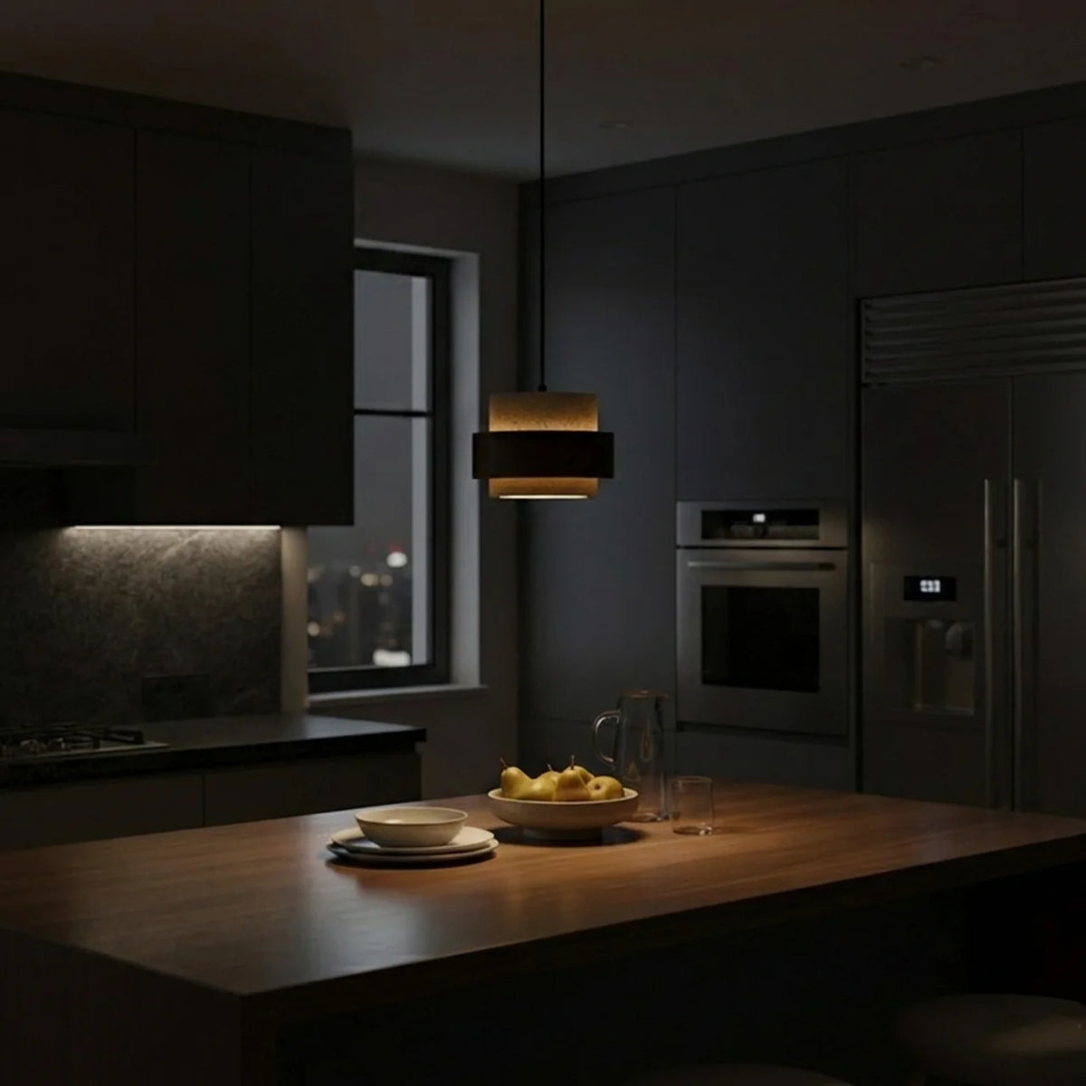 Travertine Pendant Light with Walnut Wood Accent