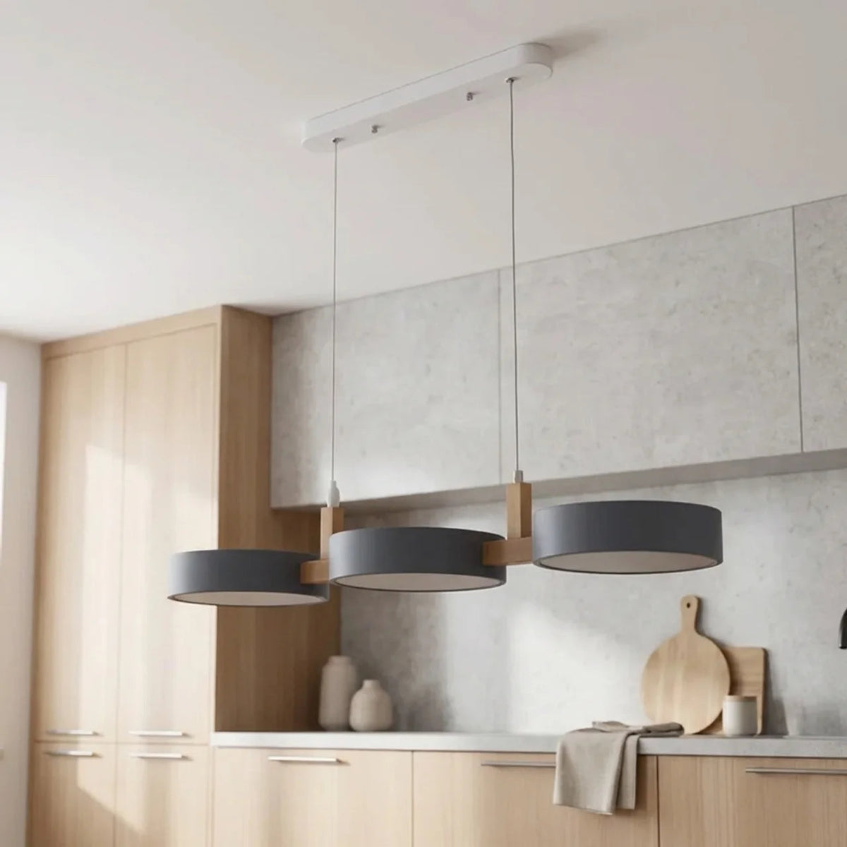Linear Pendant Light Metal Drum Shades with Wood Beam